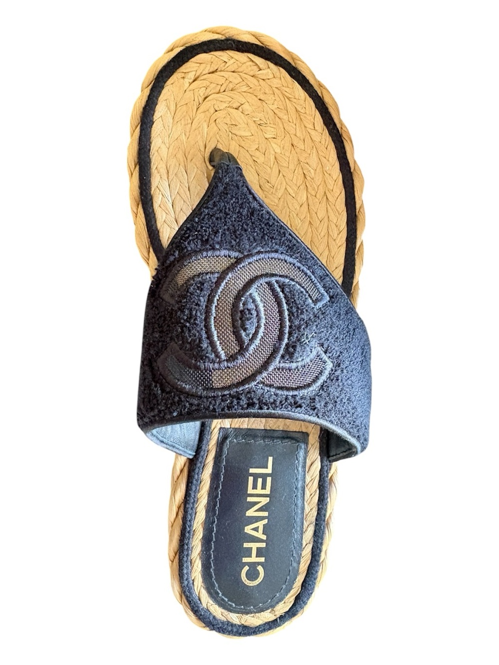 CHANEL Black and Natural Raffia Thong Sandals - Picture 4 of 8
